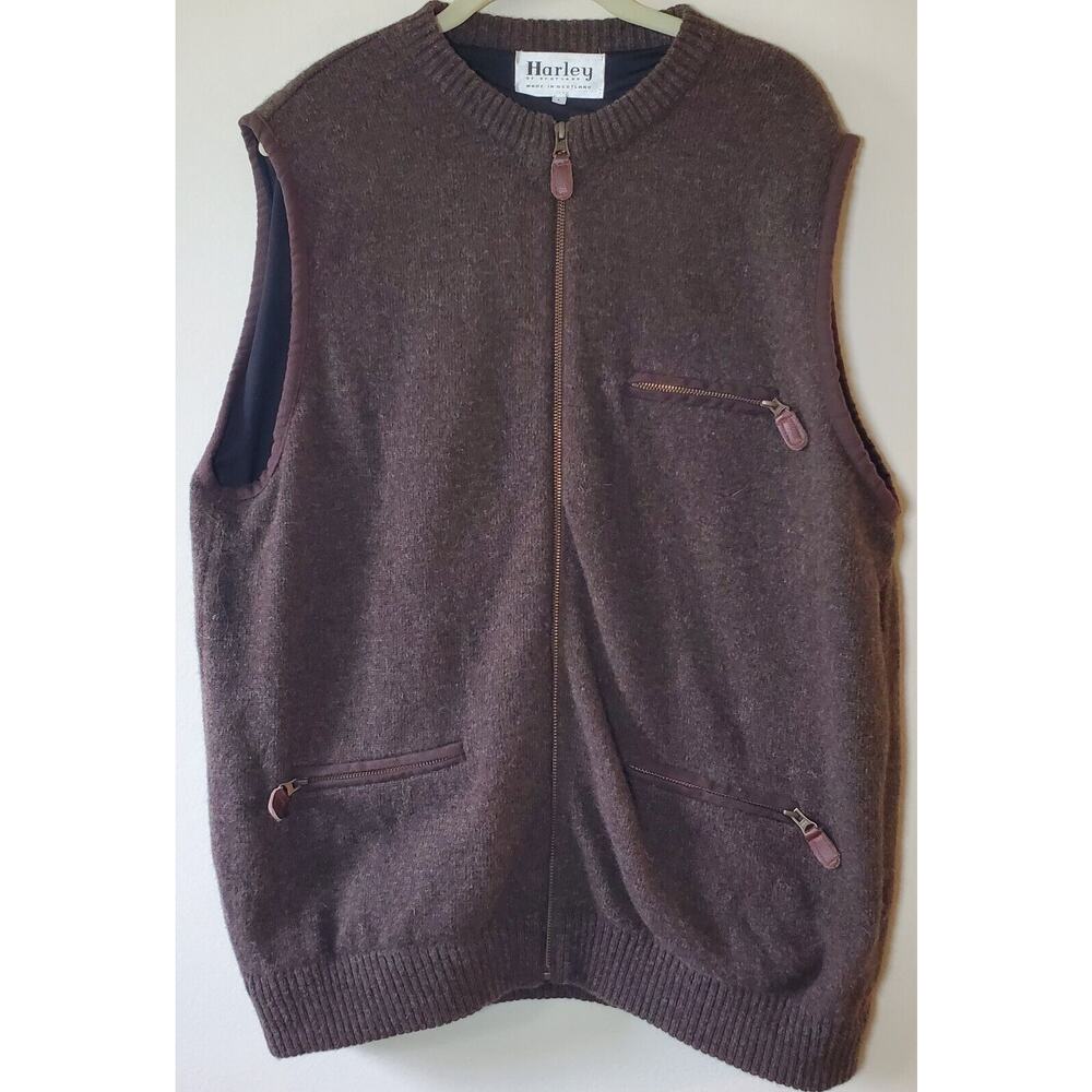 HARLEY of SCOTLAND Size L Mens Full Zip Lined Wool Vest Made in Scotland Brown